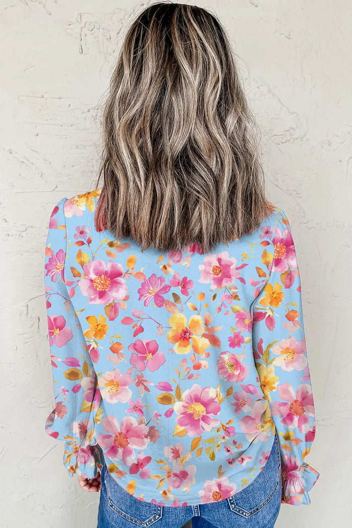 Sky Blue Floral Smocked Cuff Flounce Sleeve V-Neck Blouse - Tops/Blouses & Shirts