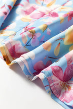 Sky Blue Floral Smocked Cuff Flounce Sleeve V-Neck Blouse - Tops/Blouses & Shirts