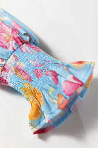 Sky Blue Floral Smocked Cuff Flounce Sleeve V-Neck Blouse - Tops/Blouses & Shirts