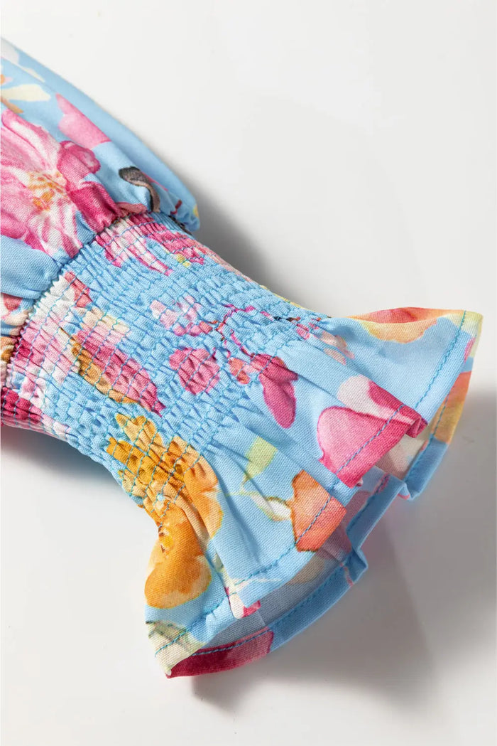 Sky Blue Floral Smocked Cuff Flounce Sleeve V-Neck Blouse - Tops/Blouses & Shirts