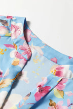 Sky Blue Floral Smocked Cuff Flounce Sleeve V-Neck Blouse - Tops/Blouses & Shirts