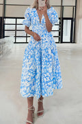 Sky Blue Floral V Neck Puff Short Sleeve Flowy Long Dress - S / 100% Polyester - Dresses/Maxi Dresses