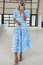 Sky Blue Floral V Neck Puff Short Sleeve Flowy Long Dress - Dresses/Maxi Dresses
