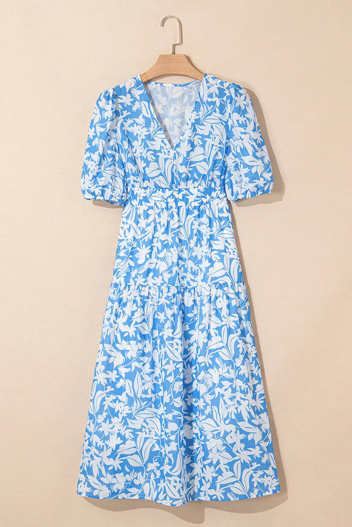 Sky Blue Floral V Neck Puff Short Sleeve Flowy Long Dress - Dresses/Maxi Dresses
