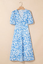 Sky Blue Floral V Neck Puff Short Sleeve Flowy Long Dress - Dresses/Maxi Dresses