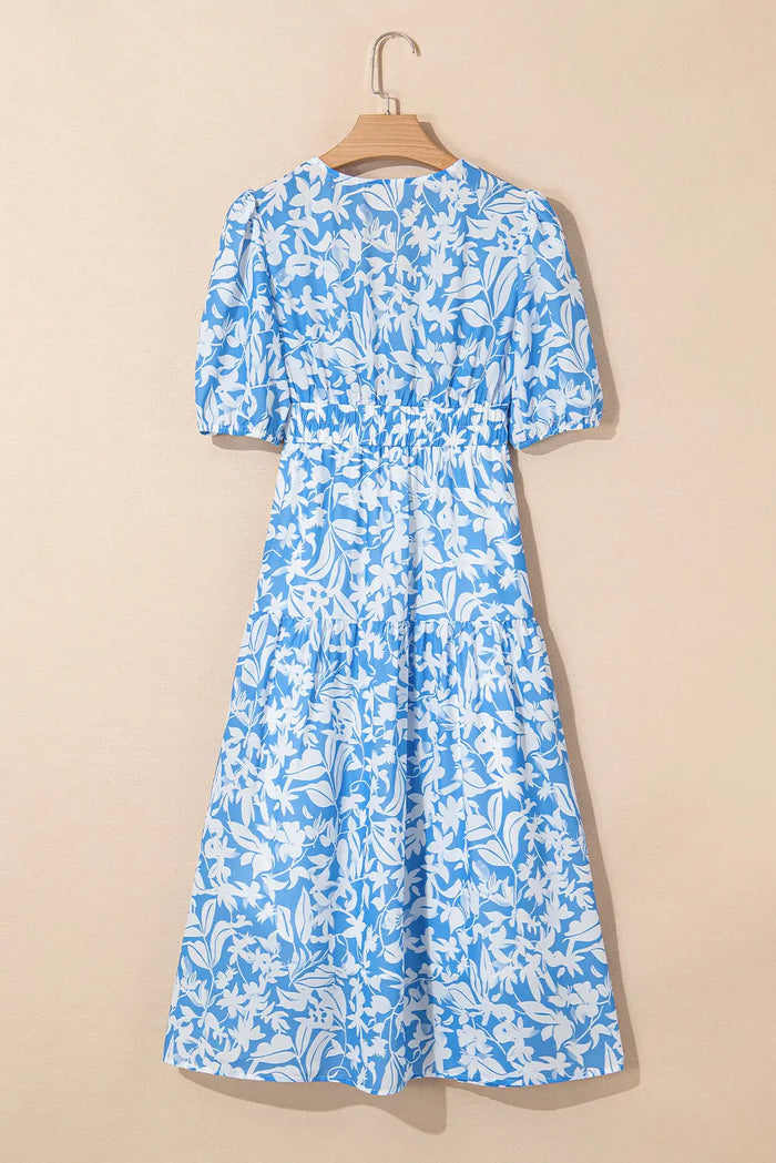 Sky Blue Floral V Neck Puff Short Sleeve Flowy Long Dress - Dresses/Maxi Dresses