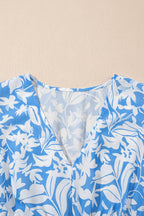 Sky Blue Floral V Neck Puff Short Sleeve Flowy Long Dress - Dresses/Maxi Dresses
