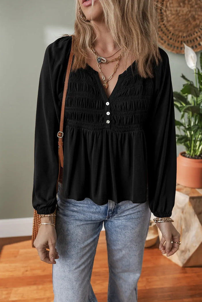 Smocked Bust Buttoned Split V Neck Flow Fit Blouse - Black / S - Tops/Blouses & Shirts