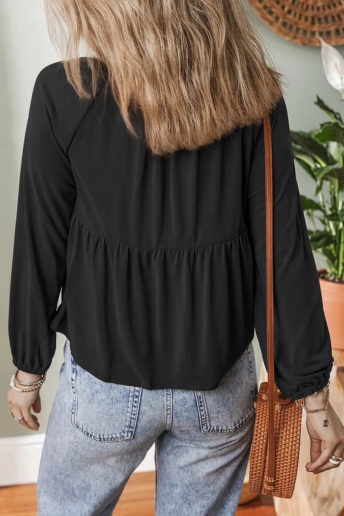 Smocked Bust Buttoned Split V Neck Flow Fit Blouse - Tops/Blouses & Shirts