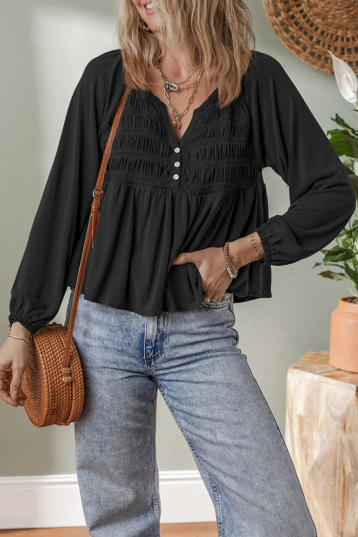 Smocked Bust Buttoned Split V Neck Flow Fit Blouse - Tops/Blouses & Shirts