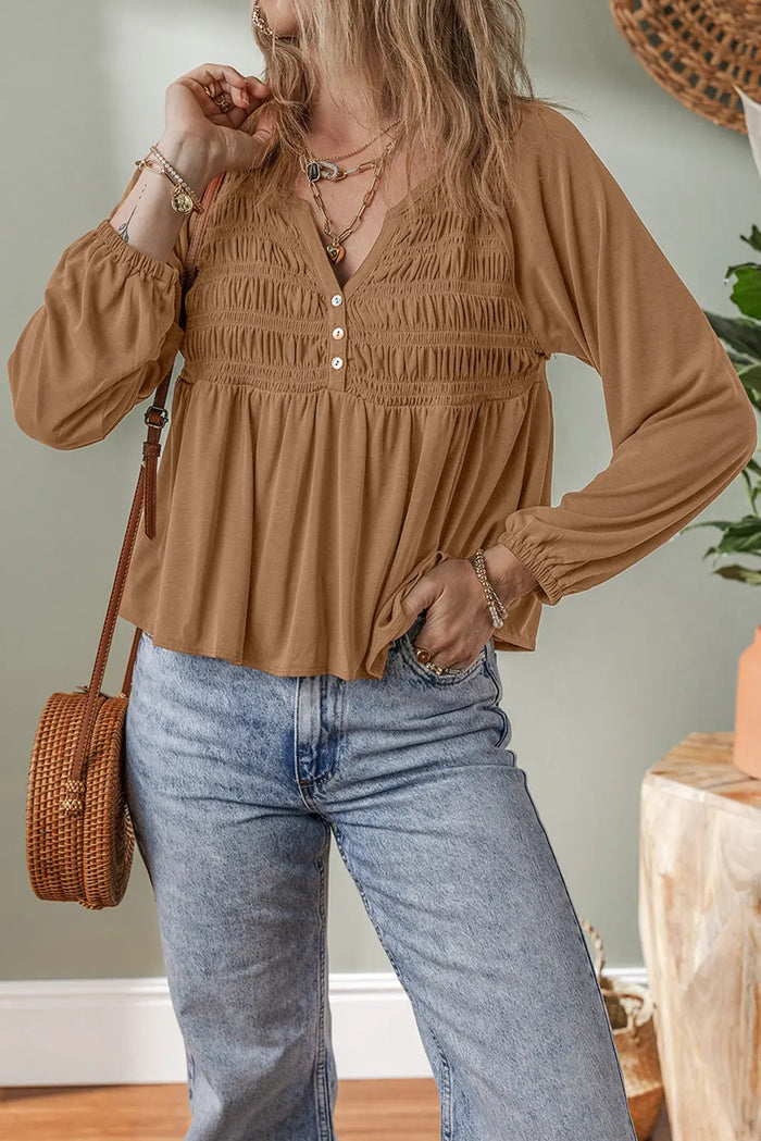 Smocked Bust Buttoned Split V Neck Flow Fit Blouse - Tops/Blouses & Shirts