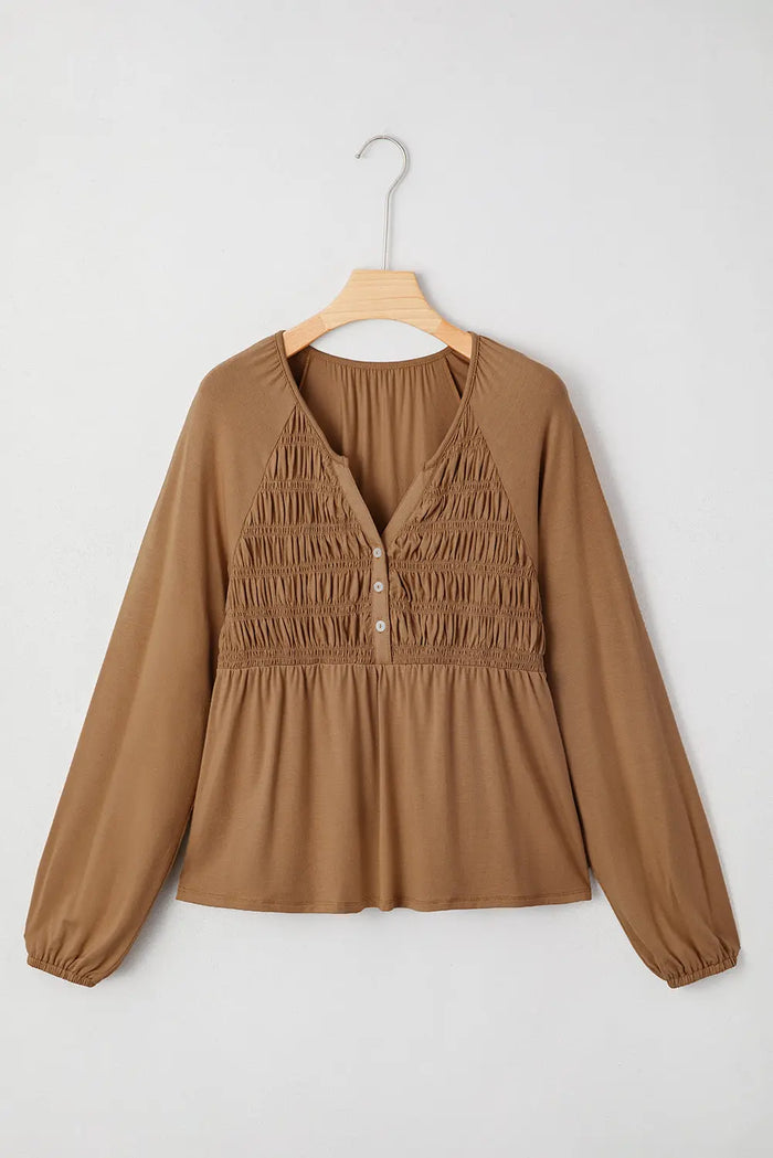 Smocked Bust Buttoned Split V Neck Flow Fit Blouse - Tops/Blouses & Shirts
