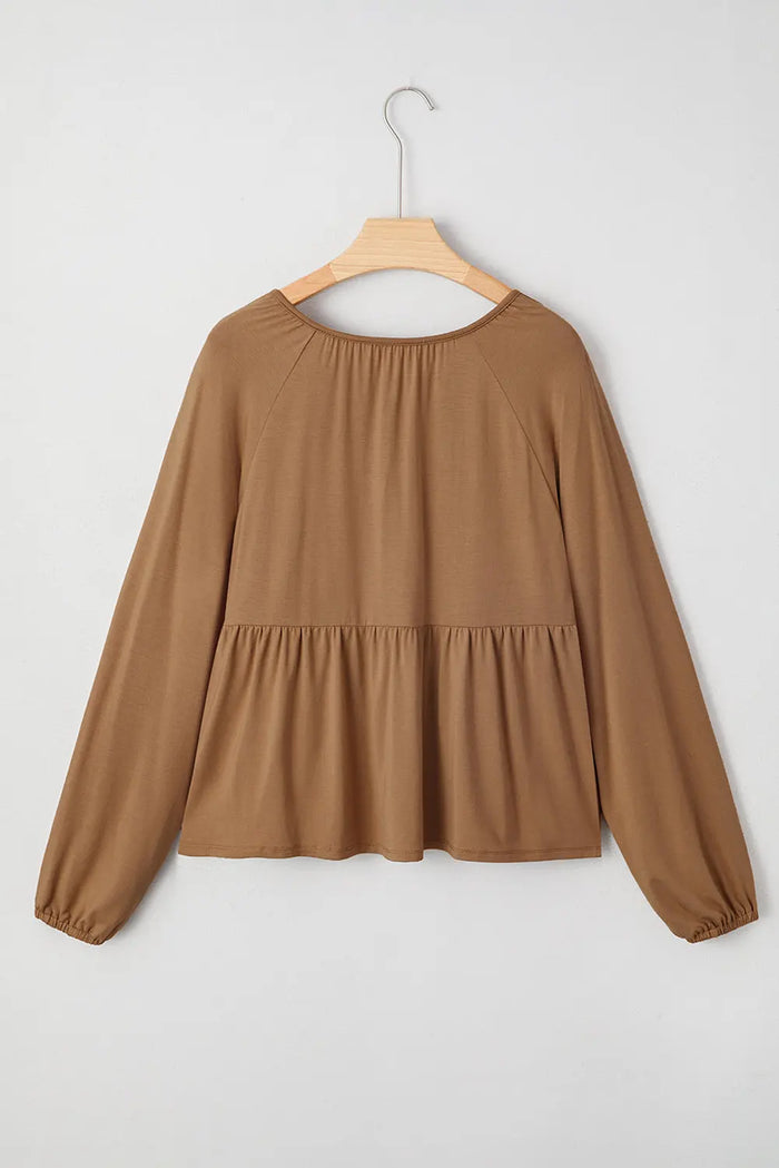 Smocked Bust Buttoned Split V Neck Flow Fit Blouse - Tops/Blouses & Shirts