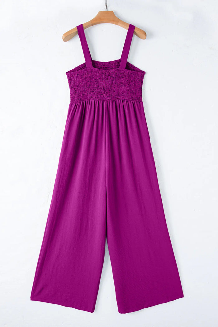 Smocked Square Neck Sleeveless Wide Leg Jumpsuit with Pockets – Purple