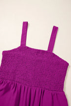 Smocked Square Neck Sleeveless Wide Leg Jumpsuit with Pockets – Purple