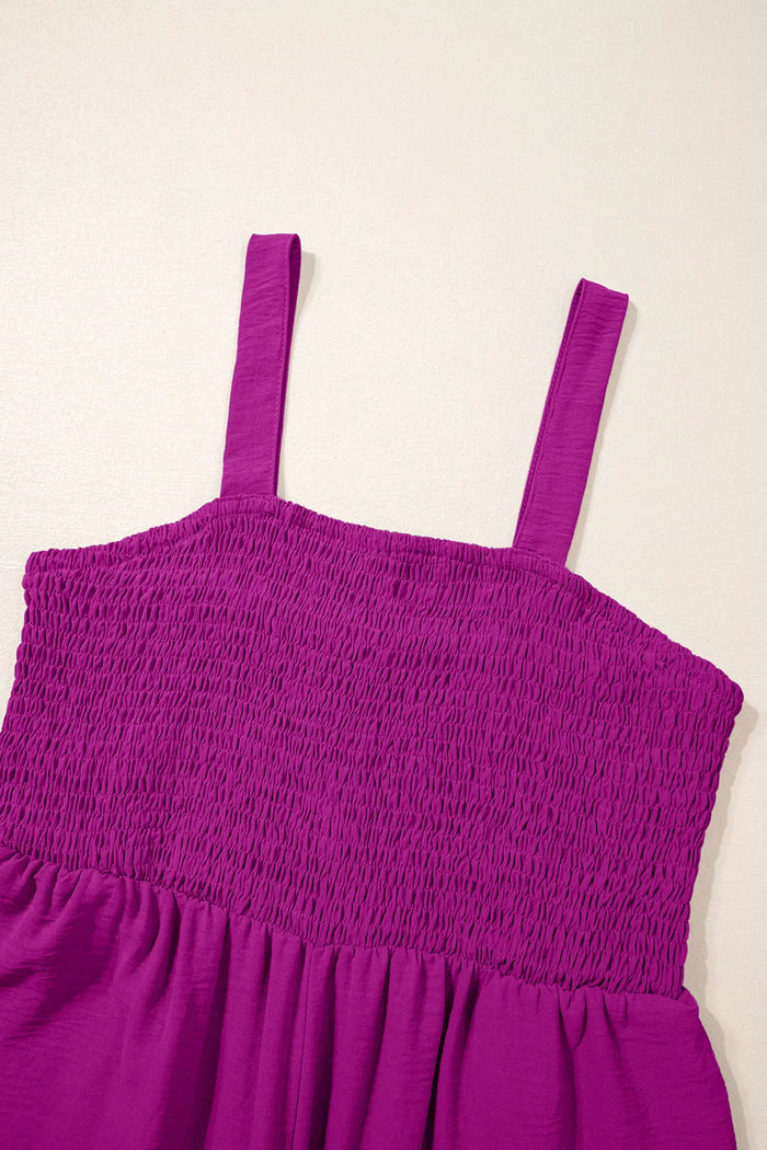 Smocked Square Neck Sleeveless Wide Leg Jumpsuit with Pockets – Purple