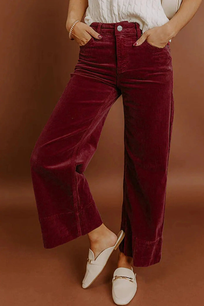 Soft Corduroy High Waist Wide Leg Trousers - Burgundy / S - Bottoms/Pants & Culotte