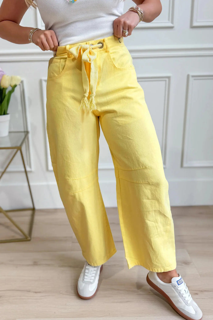 Solid Color Grommet Detail Knot Waist Barrel Jeans – Yellow