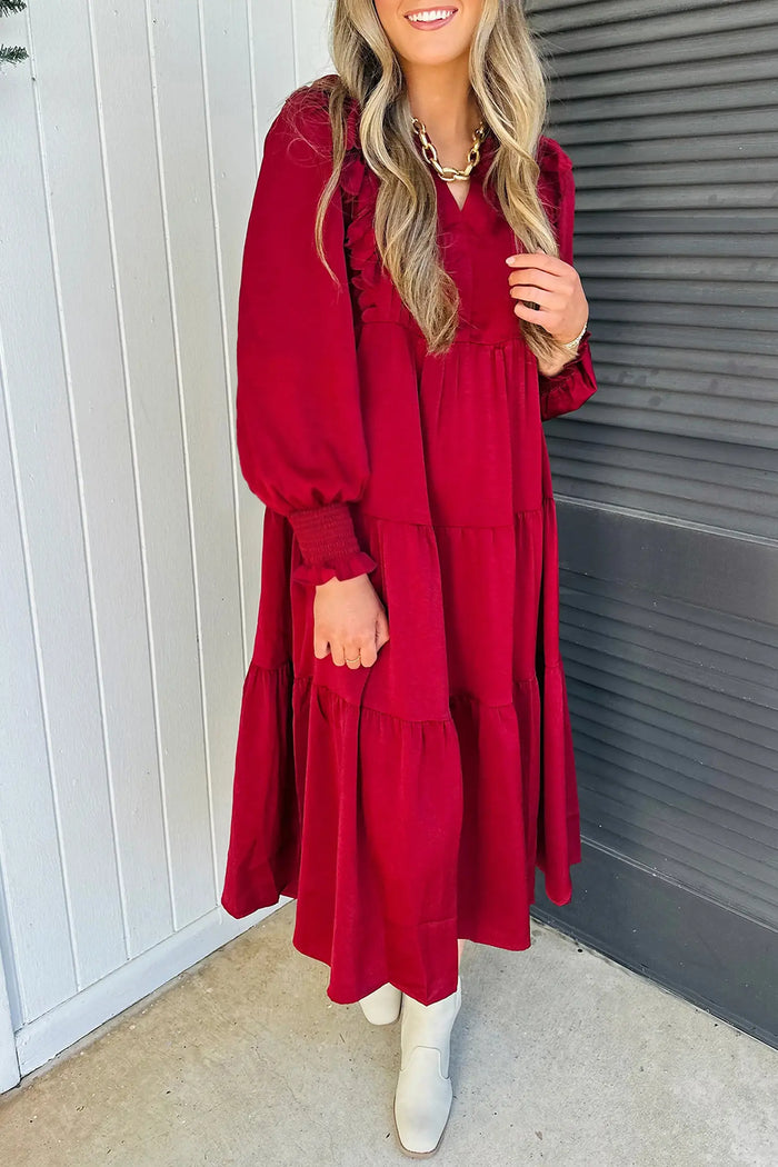 Solid Color Ruffle Trim Long Sleeve Tiered Shift Midi Dress – Racing Red