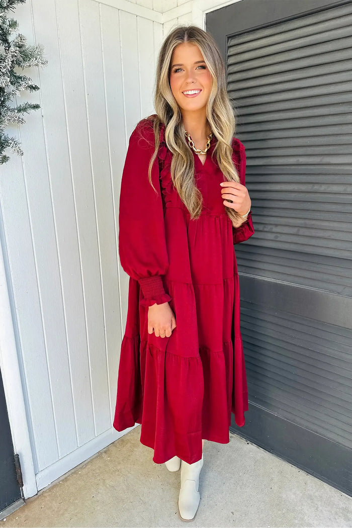 Solid Color Ruffle Trim Long Sleeve Tiered Shift Midi Dress – Racing Red