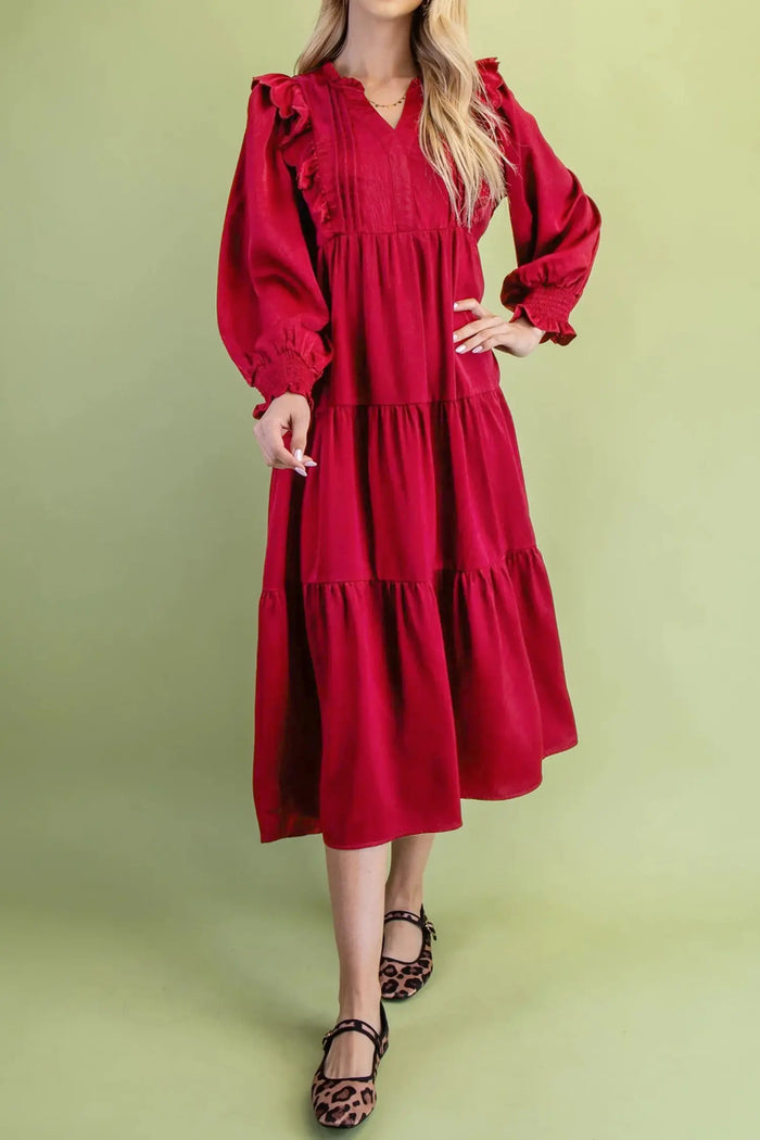 Solid Color Ruffle Trim Long Sleeve Tiered Shift Midi Dress – Racing Red