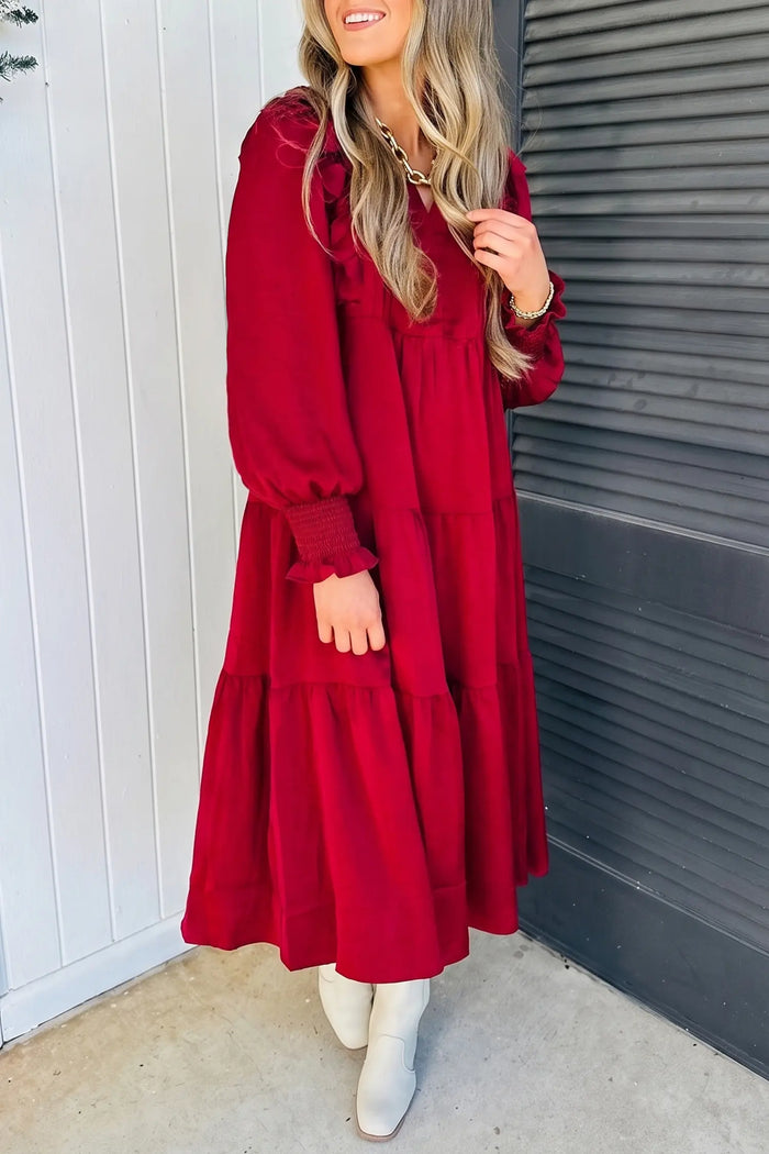 Solid Color Ruffle Trim Long Sleeve Tiered Shift Midi Dress – Racing Red