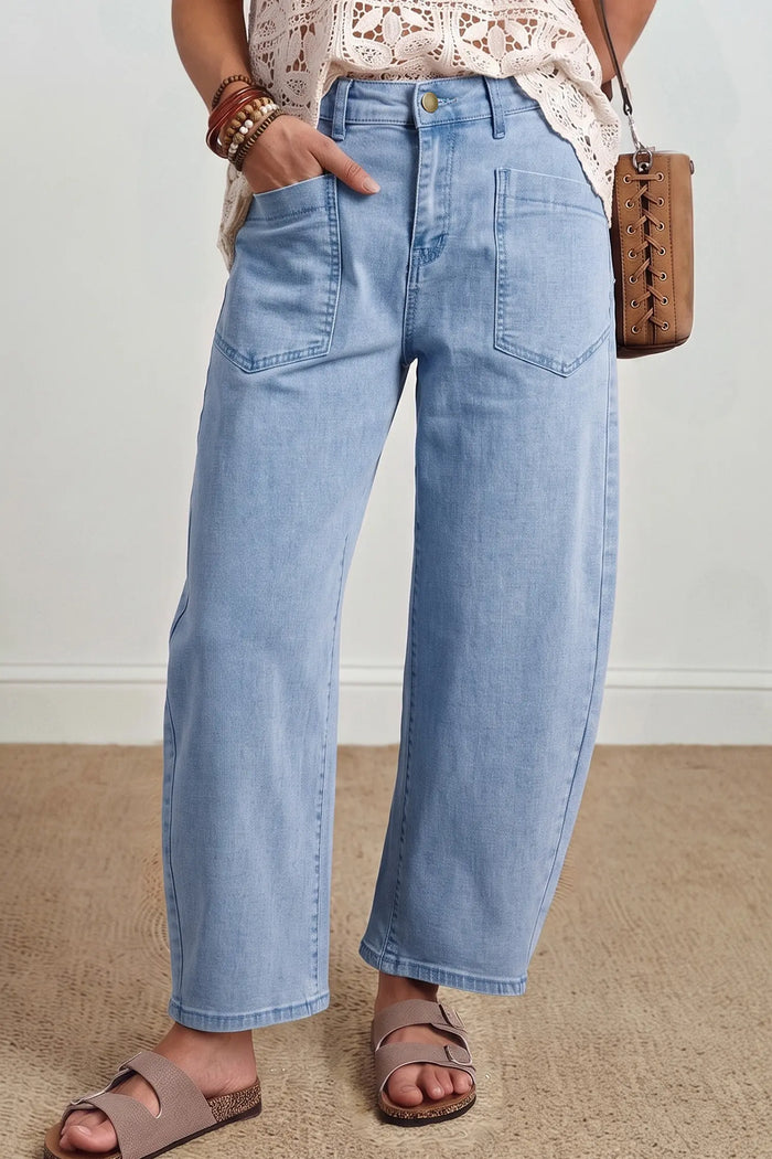 Solid Color Square Patch Pocket Ankle-length Barrel Jeans – Beau Blue