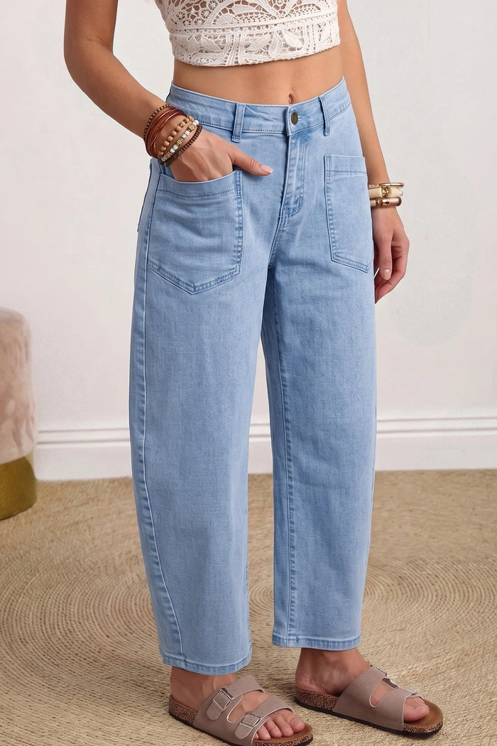 Solid Color Square Patch Pocket Ankle-length Barrel Jeans – Beau Blue