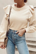 Jet Stream Solid Color Ruffled Shoulder Long Sleeve Blouse - JET STREAM / S / 75% POLYESTER + 20% COTTON + 5% ELASTANE