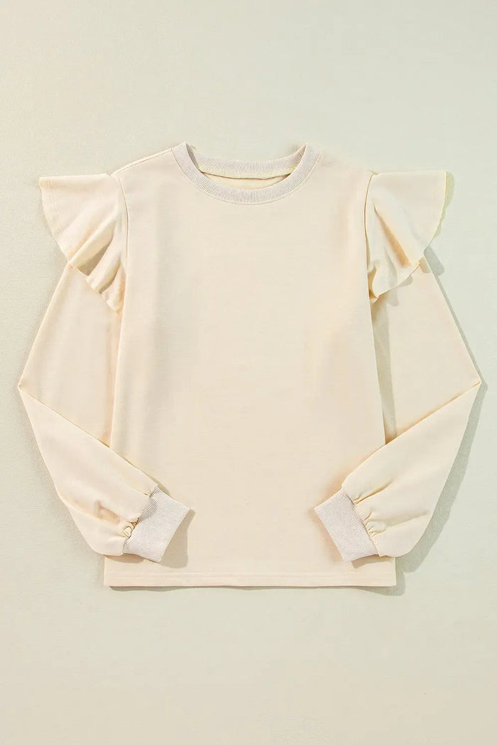 Jet Stream Solid Color Ruffled Shoulder Long Sleeve Blouse - Tops/Blouses & Shirts
