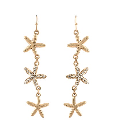Sparkling Gold Crystal Pave Triple Starfish Drop Earrings