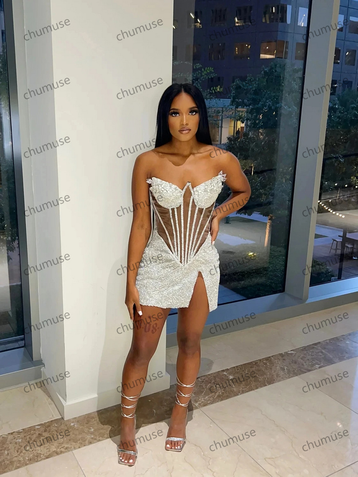 Sparkly Sexy Beaded Short Prom Dresses Black Girls Sequins Birthday Party Dresses