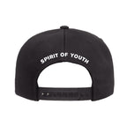 The back view of a black Straight Ahead Yupoong Hat features "SPIRIT OF YOUTH" in white above the adjustable snap closure. Now available for presale—reserve your hat before shipping starts.