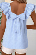 Square Neck Bow Back Ruffle Sleeve Blouse – Blue Stripe