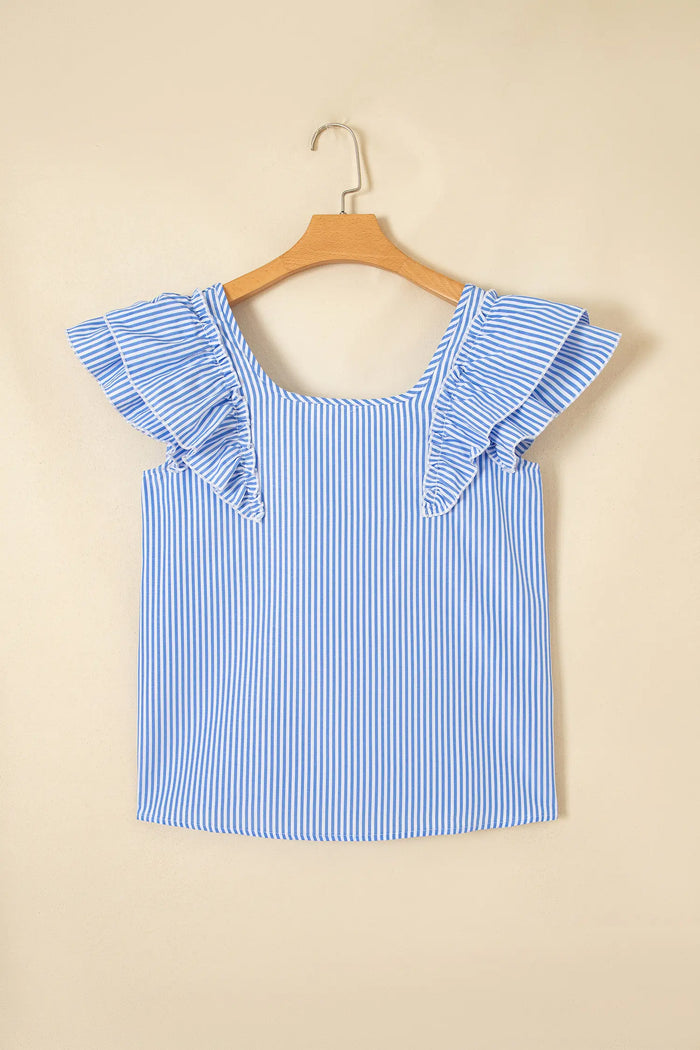 Square Neck Bow Back Ruffle Sleeve Blouse – Blue Stripe