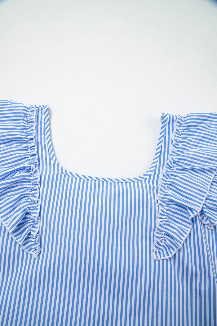 Square Neck Bow Back Ruffle Sleeve Blouse – Blue Stripe