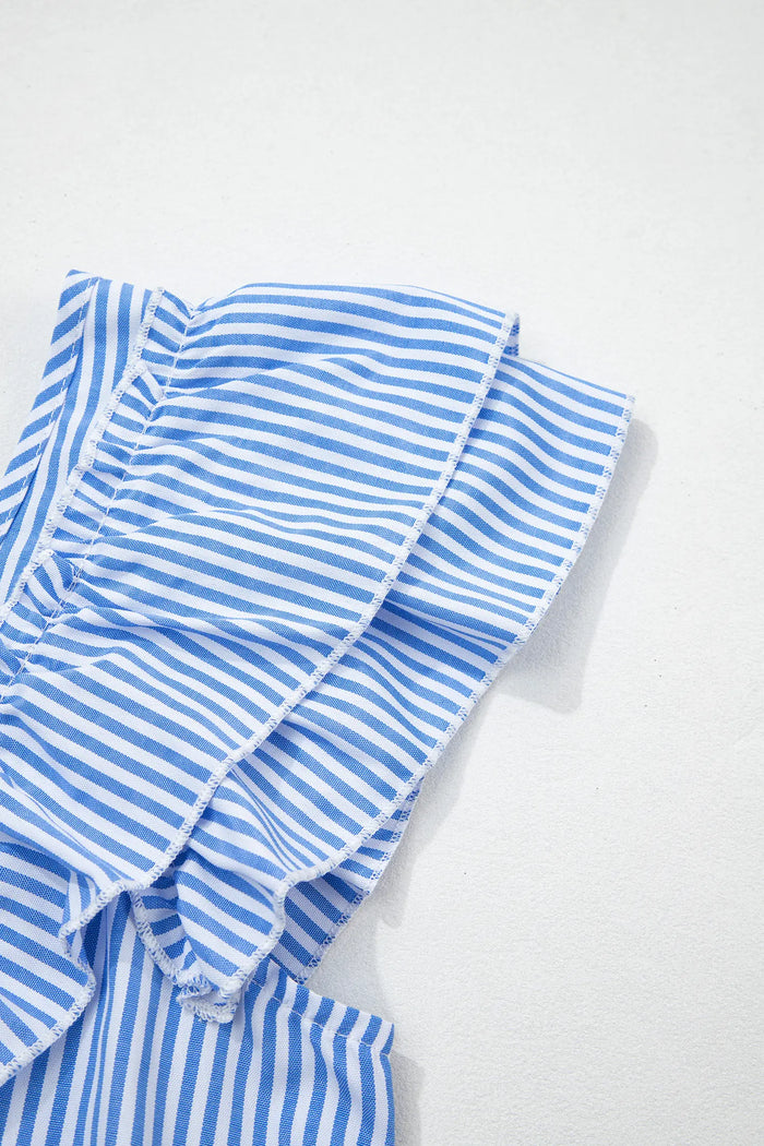 Square Neck Bow Back Ruffle Sleeve Blouse – Blue Stripe