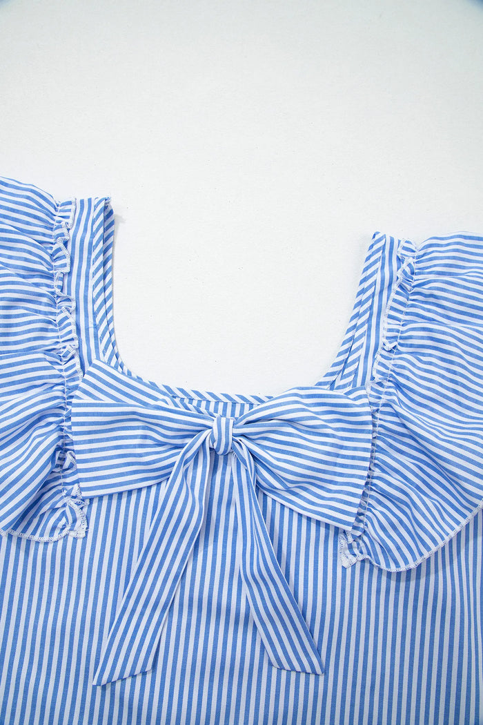 Square Neck Bow Back Ruffle Sleeve Blouse – Blue Stripe