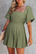Square Neck Ruched Puff Sleeve Romper