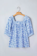 Square Neck Short Puff Sleeve Pleated Floral Blouse