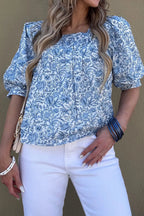 Square Neck Short Puff Sleeve Pleated Floral Blouse