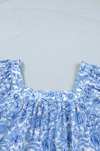 Square Neck Short Puff Sleeve Pleated Floral Blouse