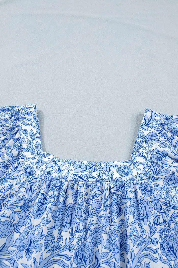 Square Neck Short Puff Sleeve Pleated Floral Blouse