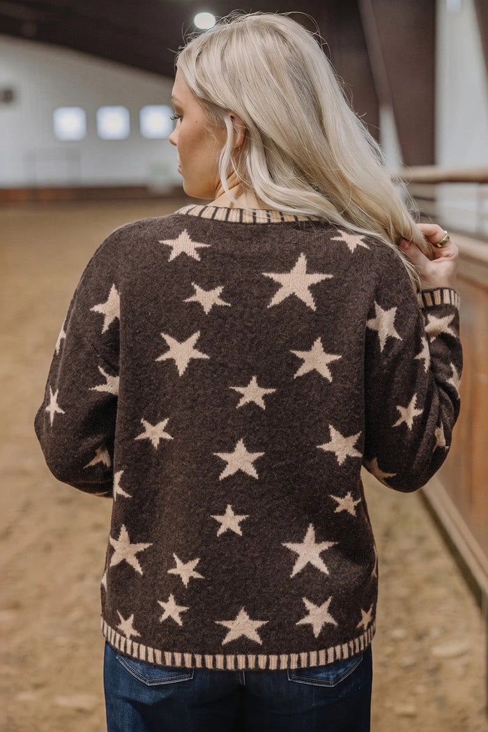 Stars Pattern Colorblock Long Sleeve Shift Cardigan – Brown