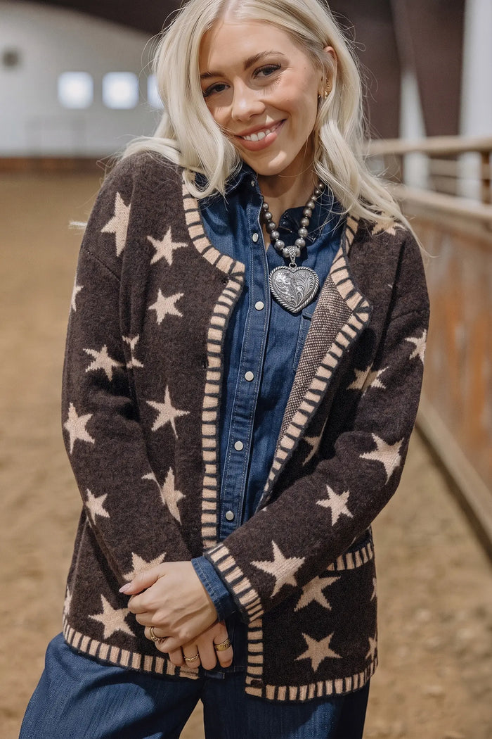 Stars Pattern Colorblock Long Sleeve Shift Cardigan – Brown