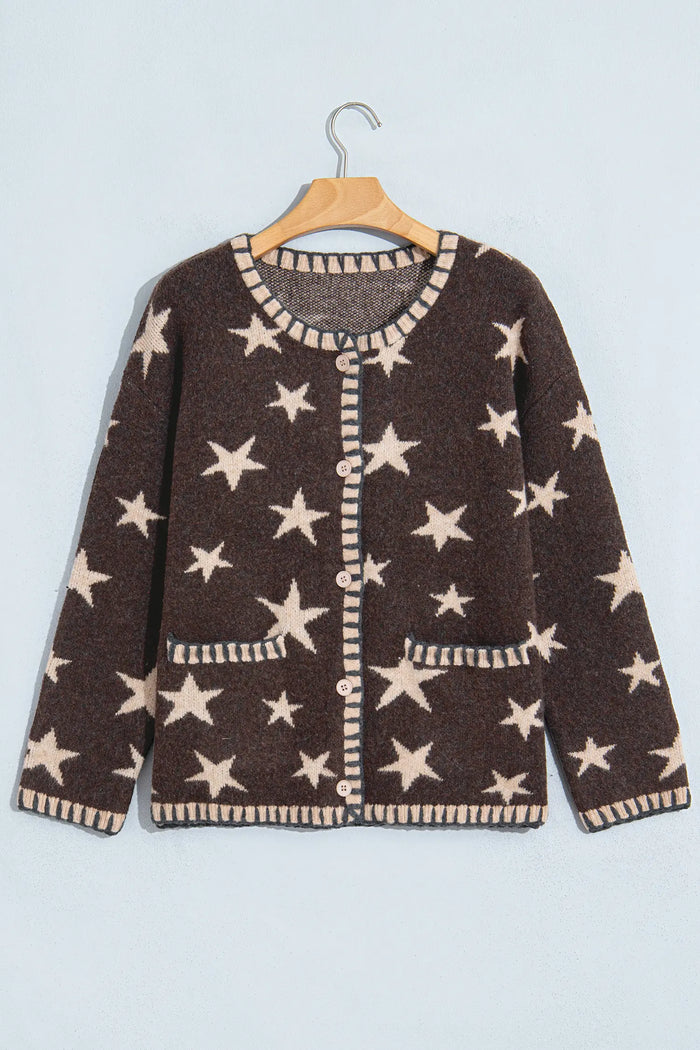 Stars Pattern Colorblock Long Sleeve Shift Cardigan – Brown