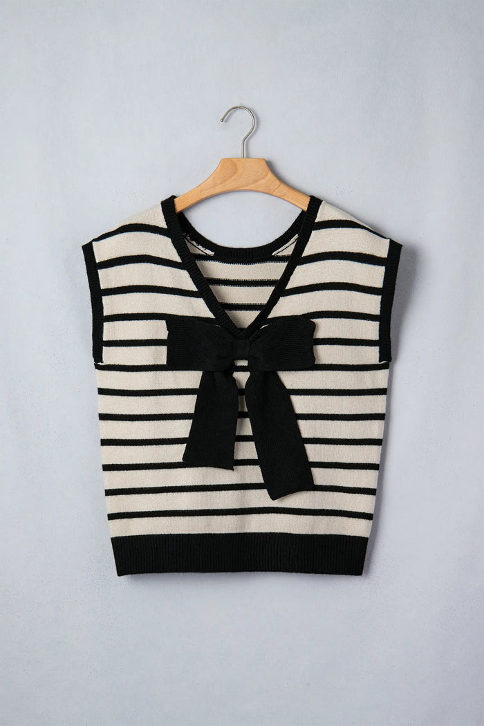 Stripe Bow Appliqué Short Sleeve Sweater