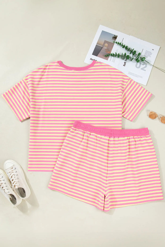 Stripe Boxy Tee Drawstring Elastic Waist Plus Size Short Co-ord Set