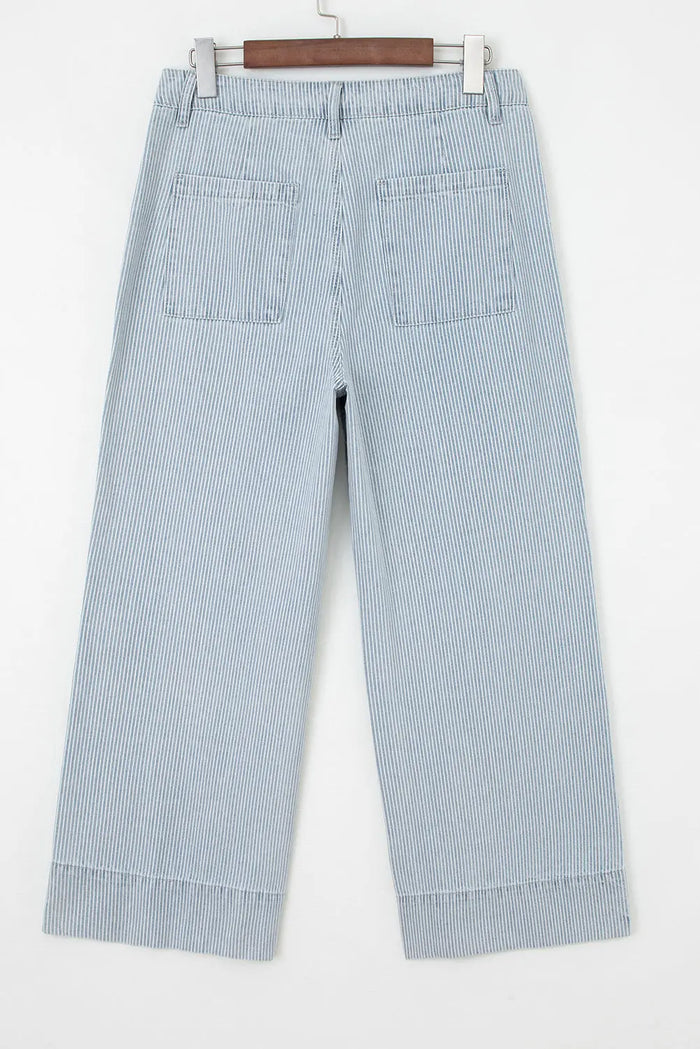 Stripe Button Flap Pocket Cuffed Hem Wide Leg Jeans - Bottoms/Jeans/WideLeg