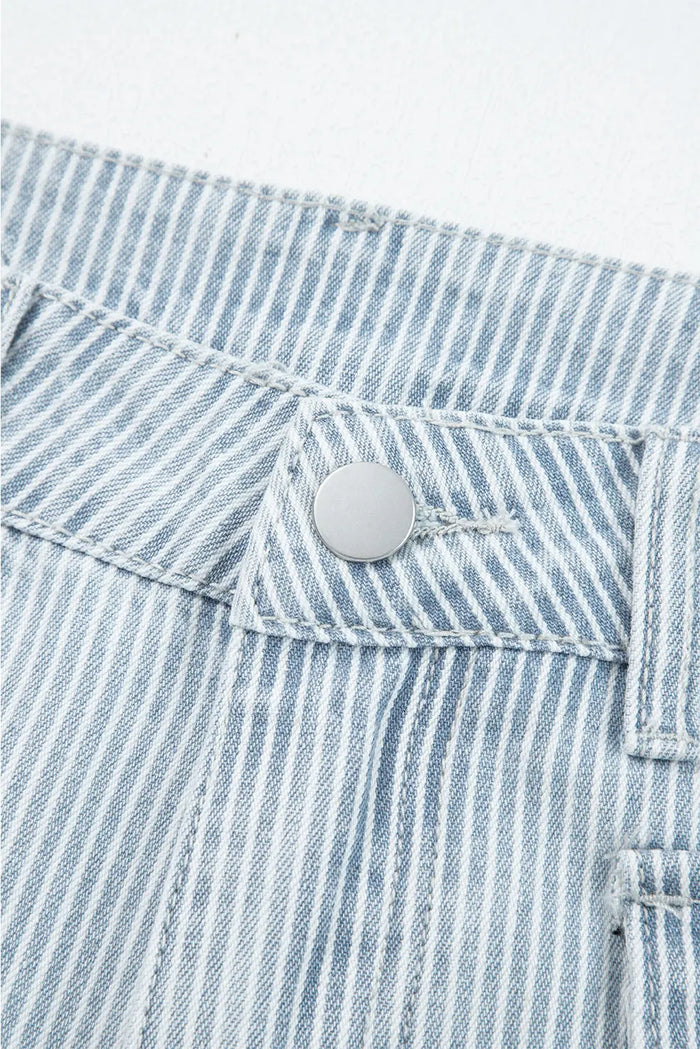 Stripe Button Flap Pocket Cuffed Hem Wide Leg Jeans - Bottoms/Jeans/WideLeg